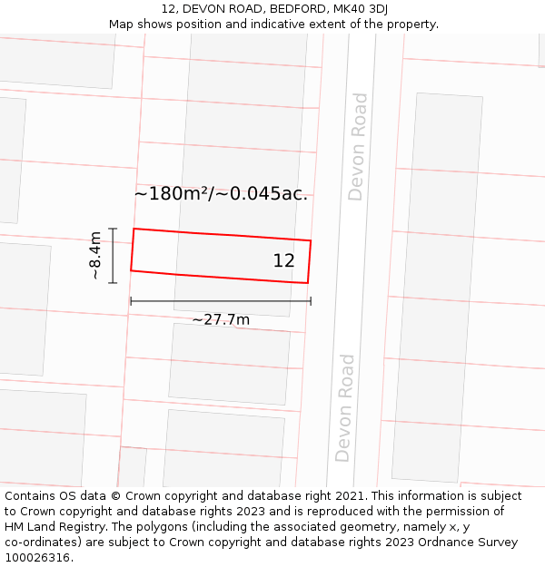 12, DEVON ROAD, BEDFORD, MK40 3DJ: Plot and title map