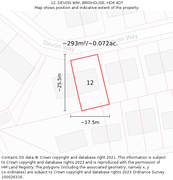 12, DEVON WAY, BRIGHOUSE, HD6 4DT: Plot and title map