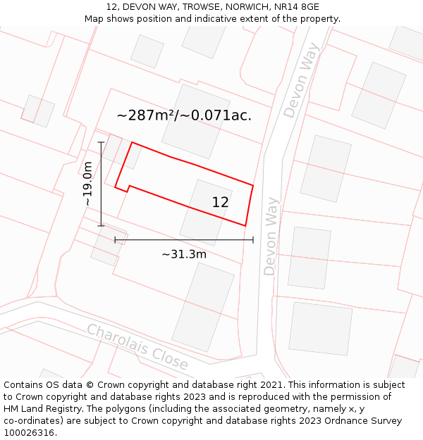 12, DEVON WAY, TROWSE, NORWICH, NR14 8GE: Plot and title map