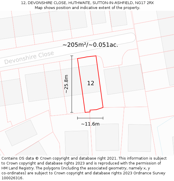 12, DEVONSHIRE CLOSE, HUTHWAITE, SUTTON-IN-ASHFIELD, NG17 2RX: Plot and title map