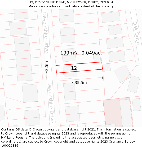 12, DEVONSHIRE DRIVE, MICKLEOVER, DERBY, DE3 9HA: Plot and title map