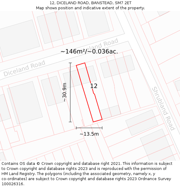 12, DICELAND ROAD, BANSTEAD, SM7 2ET: Plot and title map