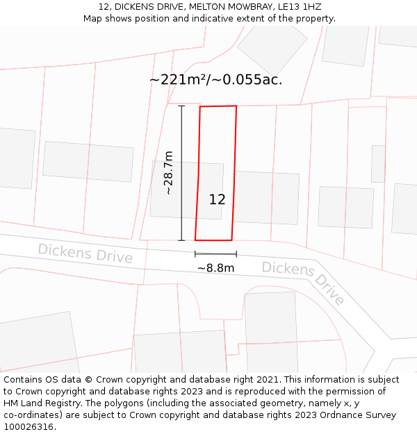 12, DICKENS DRIVE, MELTON MOWBRAY, LE13 1HZ: Plot and title map