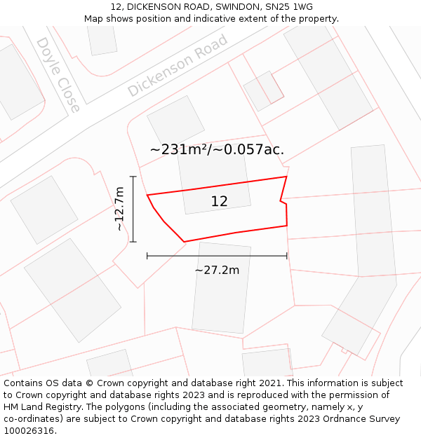 12, DICKENSON ROAD, SWINDON, SN25 1WG: Plot and title map