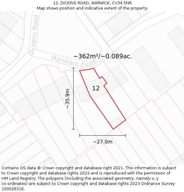 12, DICKINS ROAD, WARWICK, CV34 5NR: Plot and title map