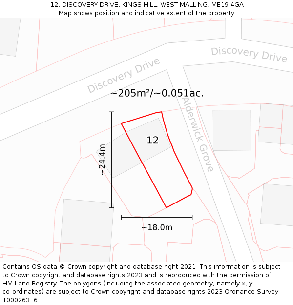 12, DISCOVERY DRIVE, KINGS HILL, WEST MALLING, ME19 4GA: Plot and title map