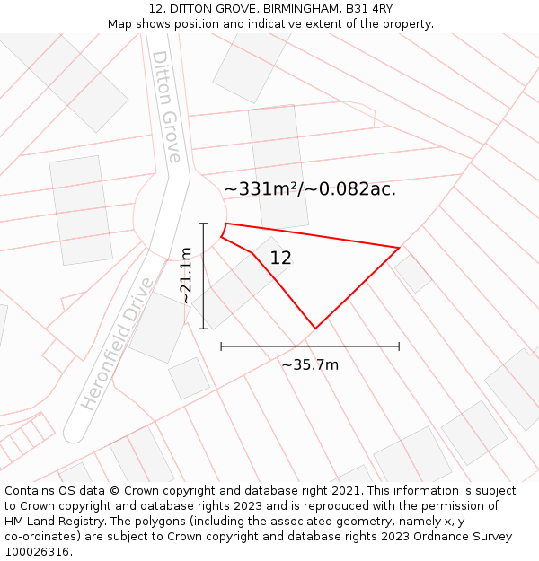 12, DITTON GROVE, BIRMINGHAM, B31 4RY: Plot and title map