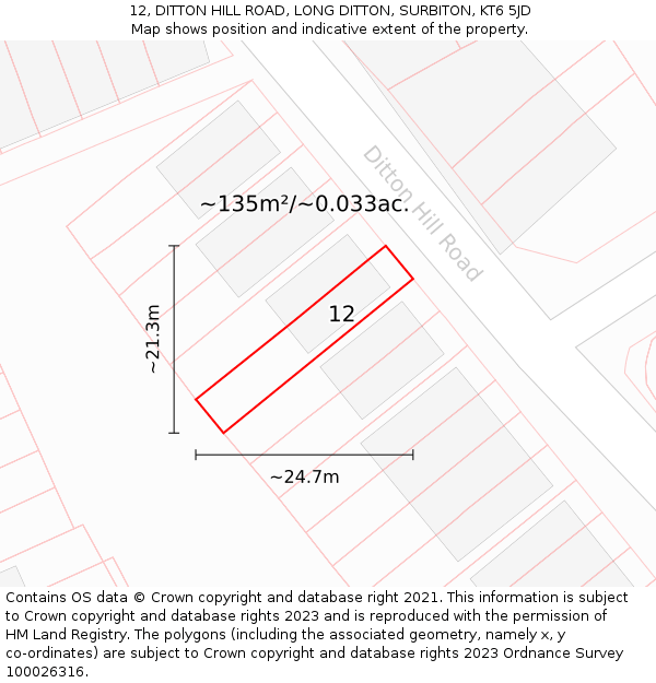 12, DITTON HILL ROAD, LONG DITTON, SURBITON, KT6 5JD: Plot and title map