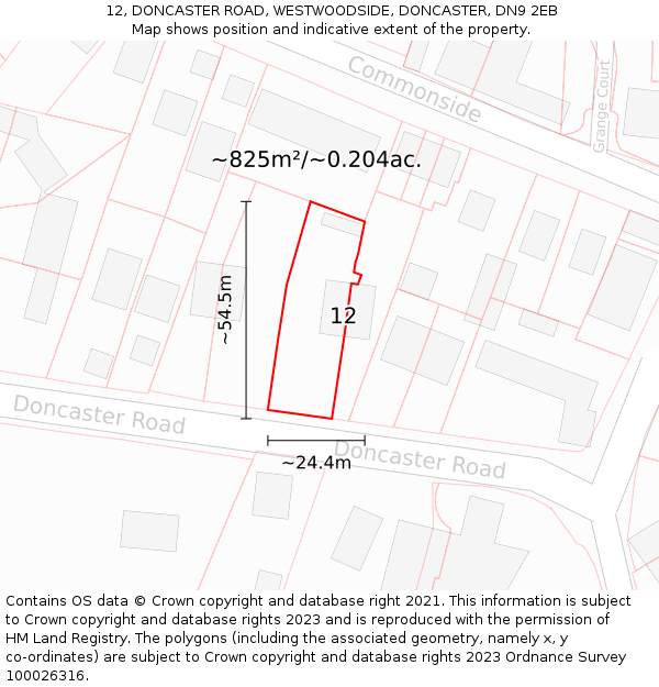 12, DONCASTER ROAD, WESTWOODSIDE, DONCASTER, DN9 2EB: Plot and title map