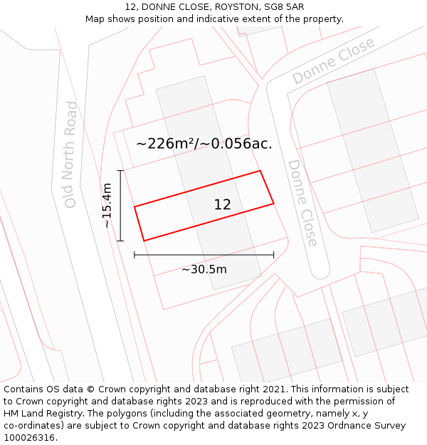 12, DONNE CLOSE, ROYSTON, SG8 5AR: Plot and title map