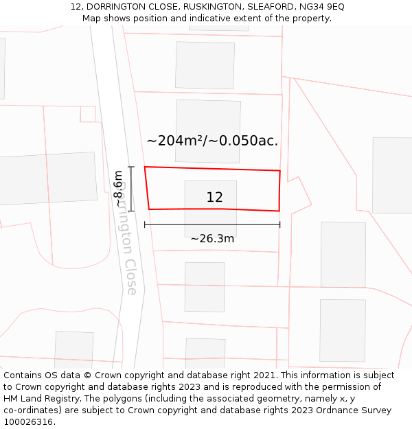 12, DORRINGTON CLOSE, RUSKINGTON, SLEAFORD, NG34 9EQ: Plot and title map