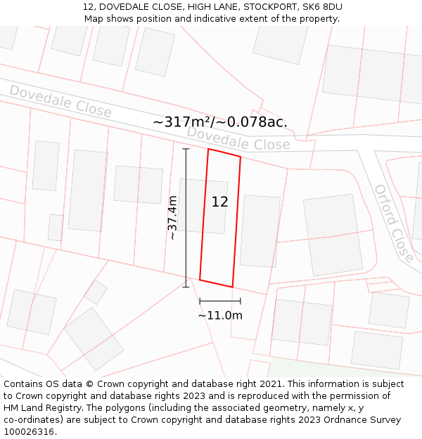 12, DOVEDALE CLOSE, HIGH LANE, STOCKPORT, SK6 8DU: Plot and title map