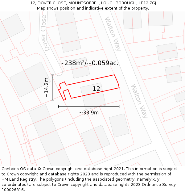 12, DOVER CLOSE, MOUNTSORREL, LOUGHBOROUGH, LE12 7GJ: Plot and title map