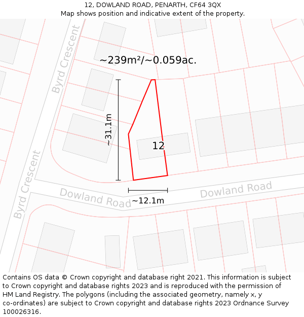 12, DOWLAND ROAD, PENARTH, CF64 3QX: Plot and title map