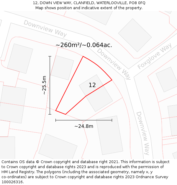 12, DOWN VIEW WAY, CLANFIELD, WATERLOOVILLE, PO8 0FQ: Plot and title map