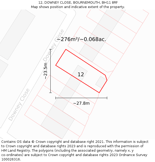 12, DOWNEY CLOSE, BOURNEMOUTH, BH11 8RF: Plot and title map