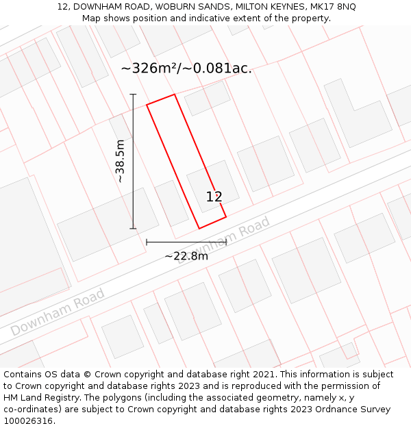 12, DOWNHAM ROAD, WOBURN SANDS, MILTON KEYNES, MK17 8NQ: Plot and title map