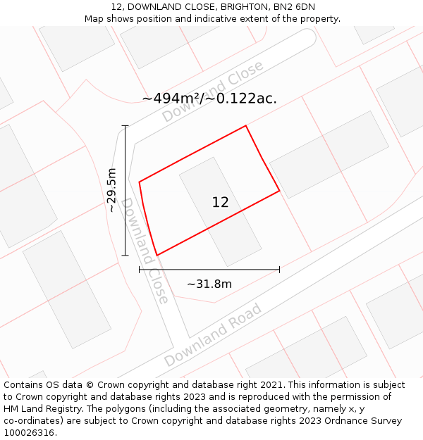 12, DOWNLAND CLOSE, BRIGHTON, BN2 6DN: Plot and title map