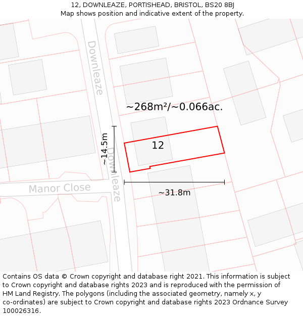 12, DOWNLEAZE, PORTISHEAD, BRISTOL, BS20 8BJ: Plot and title map