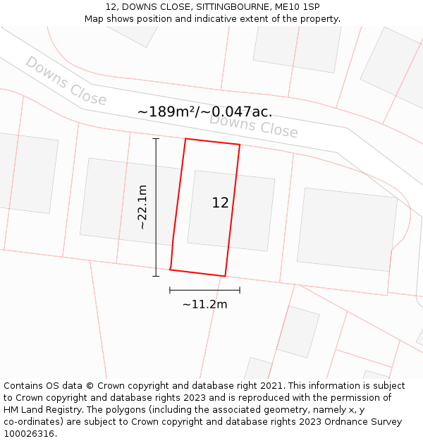 12, DOWNS CLOSE, SITTINGBOURNE, ME10 1SP: Plot and title map