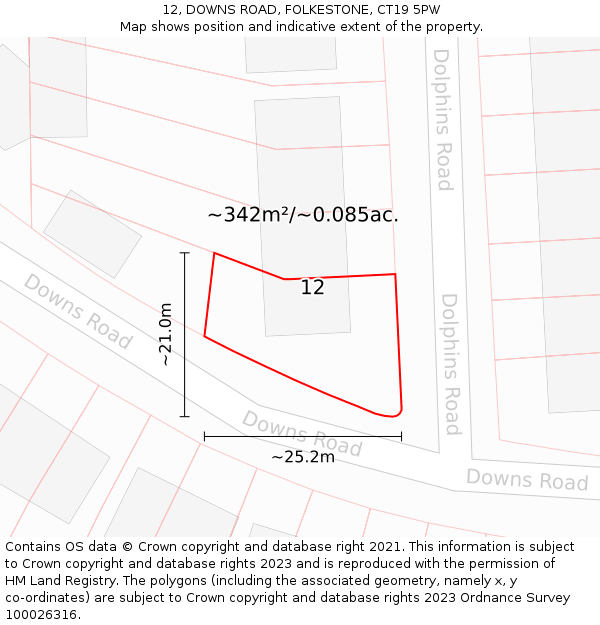 12, DOWNS ROAD, FOLKESTONE, CT19 5PW: Plot and title map
