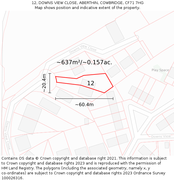 12, DOWNS VIEW CLOSE, ABERTHIN, COWBRIDGE, CF71 7HG: Plot and title map