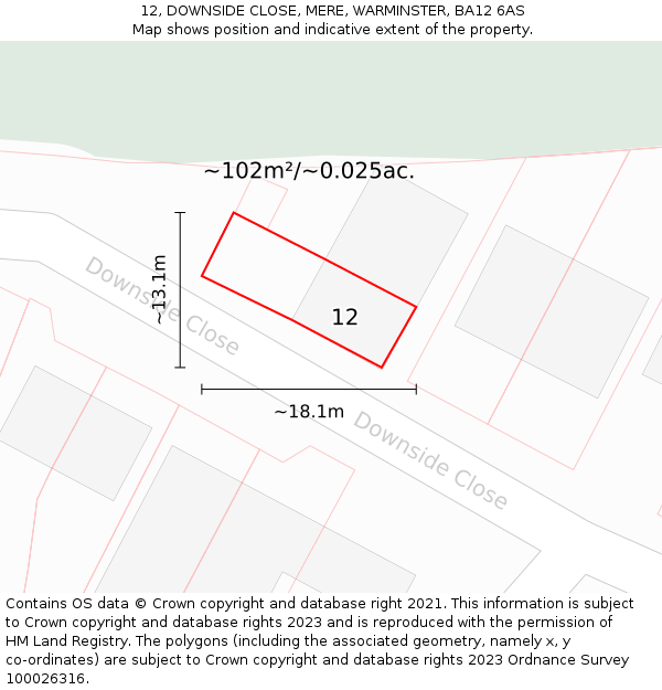 12, DOWNSIDE CLOSE, MERE, WARMINSTER, BA12 6AS: Plot and title map