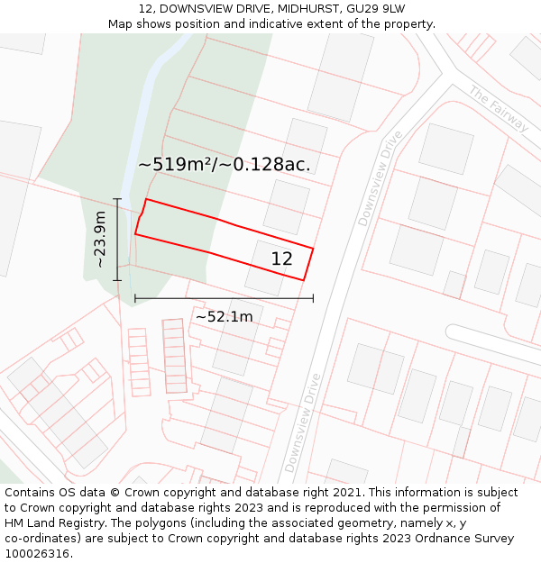 12, DOWNSVIEW DRIVE, MIDHURST, GU29 9LW: Plot and title map