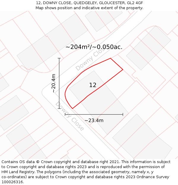 12, DOWNY CLOSE, QUEDGELEY, GLOUCESTER, GL2 4GF: Plot and title map