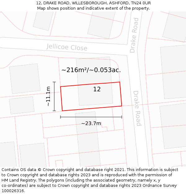 12, DRAKE ROAD, WILLESBOROUGH, ASHFORD, TN24 0UR: Plot and title map