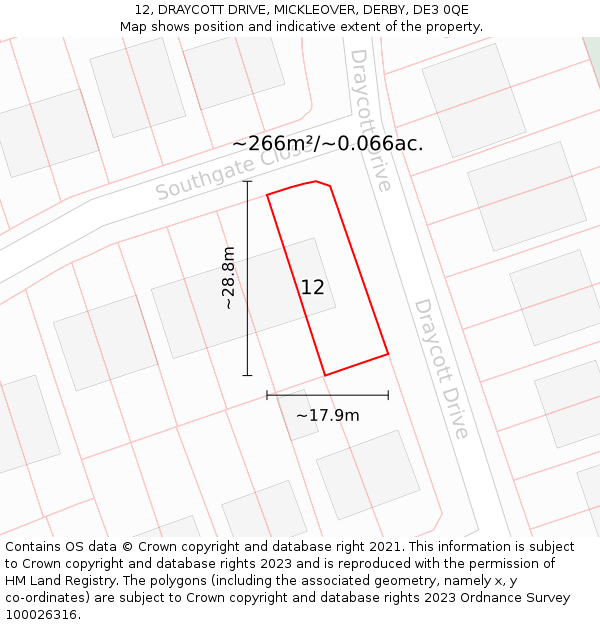 12, DRAYCOTT DRIVE, MICKLEOVER, DERBY, DE3 0QE: Plot and title map