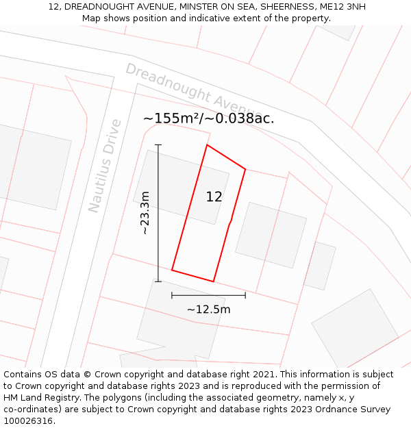 12, DREADNOUGHT AVENUE, MINSTER ON SEA, SHEERNESS, ME12 3NH: Plot and title map