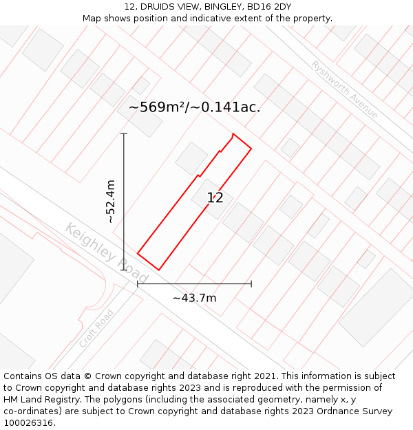 12, DRUIDS VIEW, BINGLEY, BD16 2DY: Plot and title map