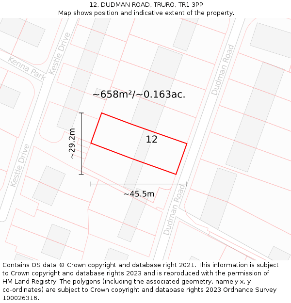 12, DUDMAN ROAD, TRURO, TR1 3PP: Plot and title map