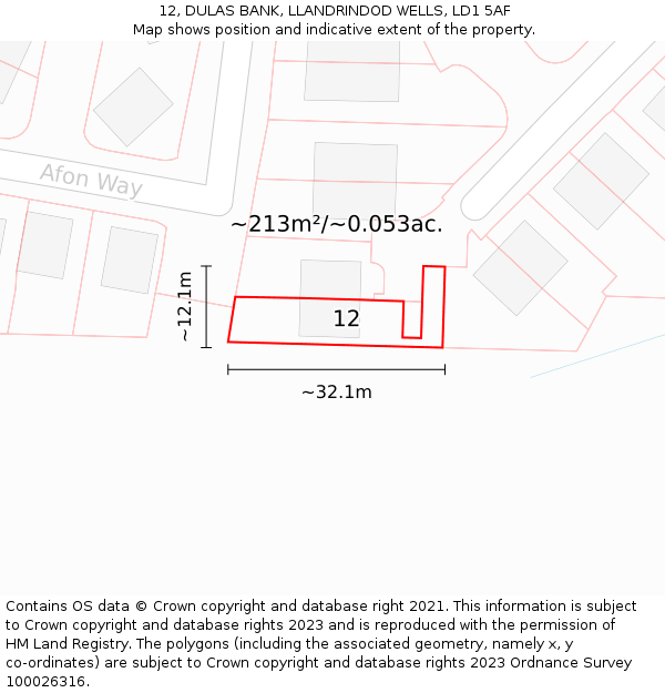 12, DULAS BANK, LLANDRINDOD WELLS, LD1 5AF: Plot and title map