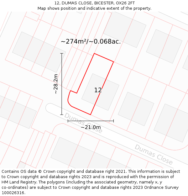 12, DUMAS CLOSE, BICESTER, OX26 2FT: Plot and title map
