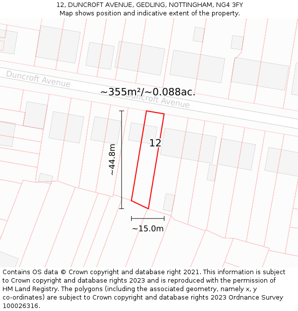 12, DUNCROFT AVENUE, GEDLING, NOTTINGHAM, NG4 3FY: Plot and title map