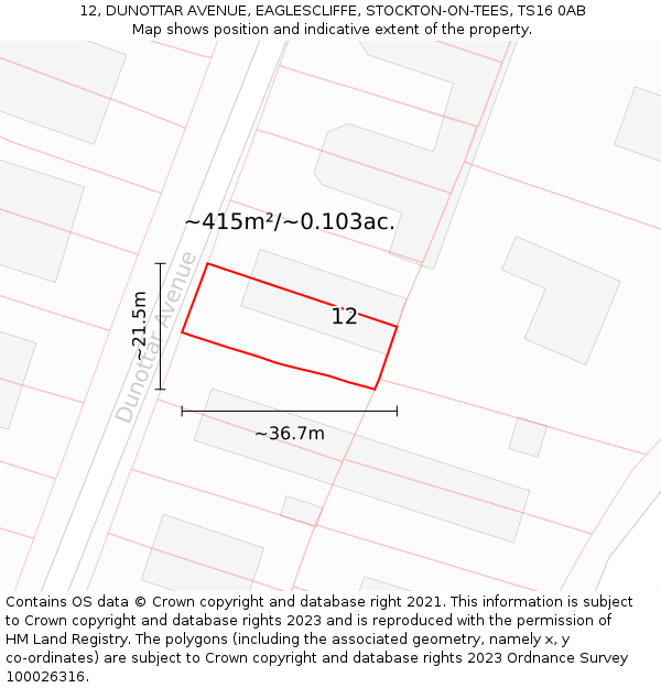 12, DUNOTTAR AVENUE, EAGLESCLIFFE, STOCKTON-ON-TEES, TS16 0AB: Plot and title map