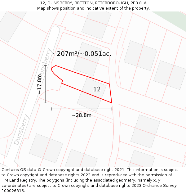 12, DUNSBERRY, BRETTON, PETERBOROUGH, PE3 8LA: Plot and title map