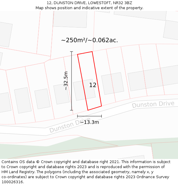 12, DUNSTON DRIVE, LOWESTOFT, NR32 3BZ: Plot and title map