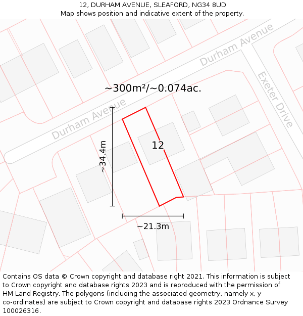 12, DURHAM AVENUE, SLEAFORD, NG34 8UD: Plot and title map