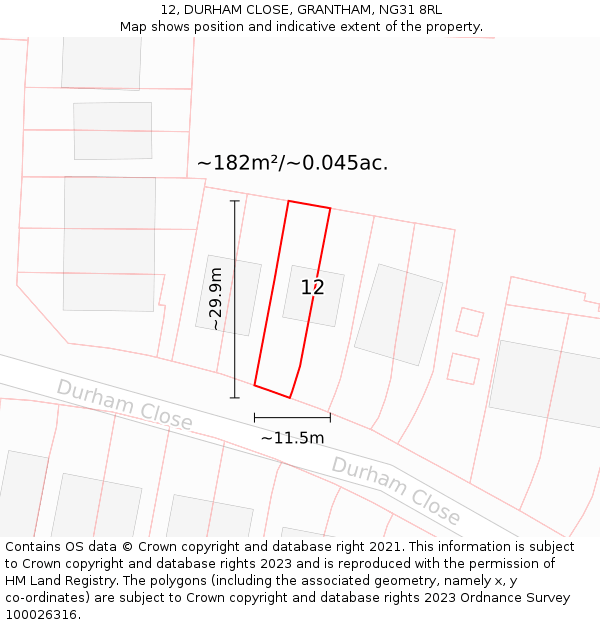 12, DURHAM CLOSE, GRANTHAM, NG31 8RL: Plot and title map