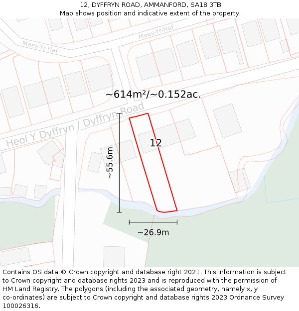 12, DYFFRYN ROAD, AMMANFORD, SA18 3TB: Plot and title map