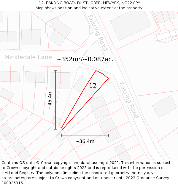 12, EAKRING ROAD, BILSTHORPE, NEWARK, NG22 8PY: Plot and title map
