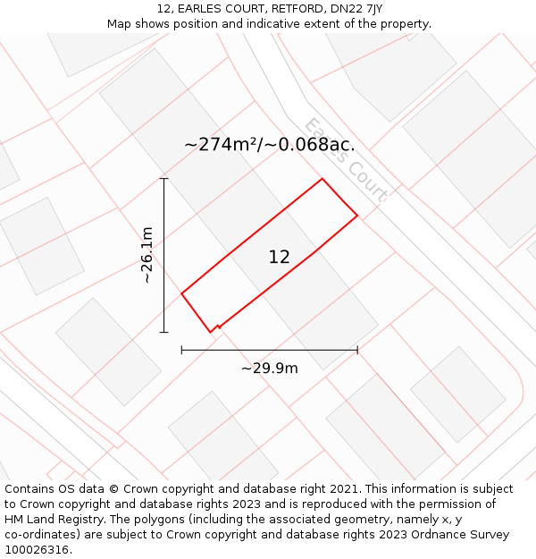 12, EARLES COURT, RETFORD, DN22 7JY: Plot and title map