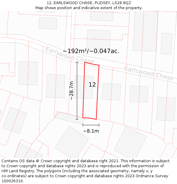 12, EARLSWOOD CHASE, PUDSEY, LS28 8QZ: Plot and title map