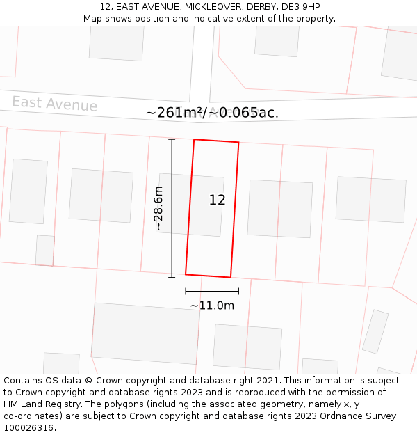 12, EAST AVENUE, MICKLEOVER, DERBY, DE3 9HP: Plot and title map