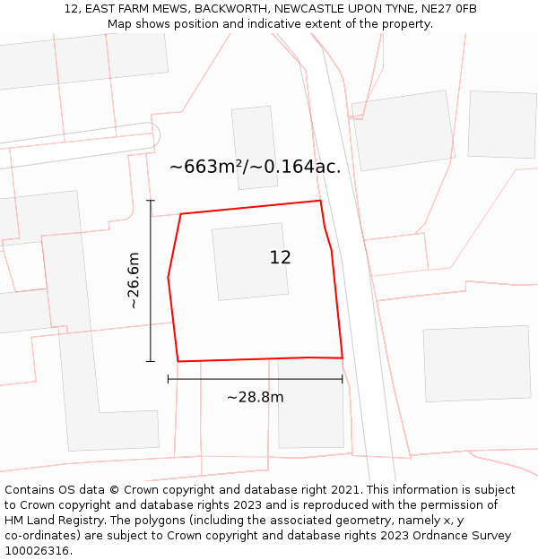 12, EAST FARM MEWS, BACKWORTH, NEWCASTLE UPON TYNE, NE27 0FB: Plot and title map