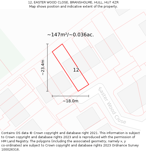 12, EASTER WOOD CLOSE, BRANSHOLME, HULL, HU7 4ZR: Plot and title map