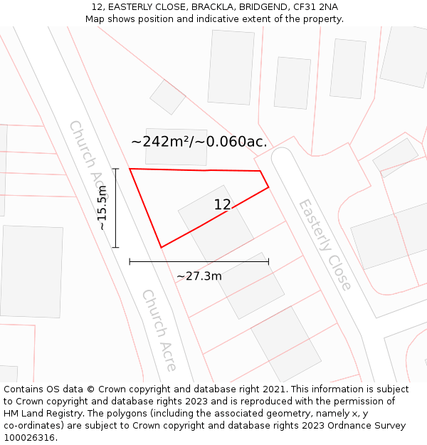 12, EASTERLY CLOSE, BRACKLA, BRIDGEND, CF31 2NA: Plot and title map